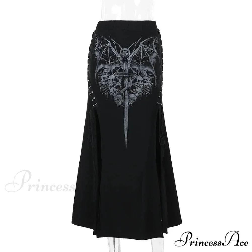 Vintage Print High Waist Mermaid Maxi Gothic Long Gothic Print Sexy High-slit Skirt Black / S