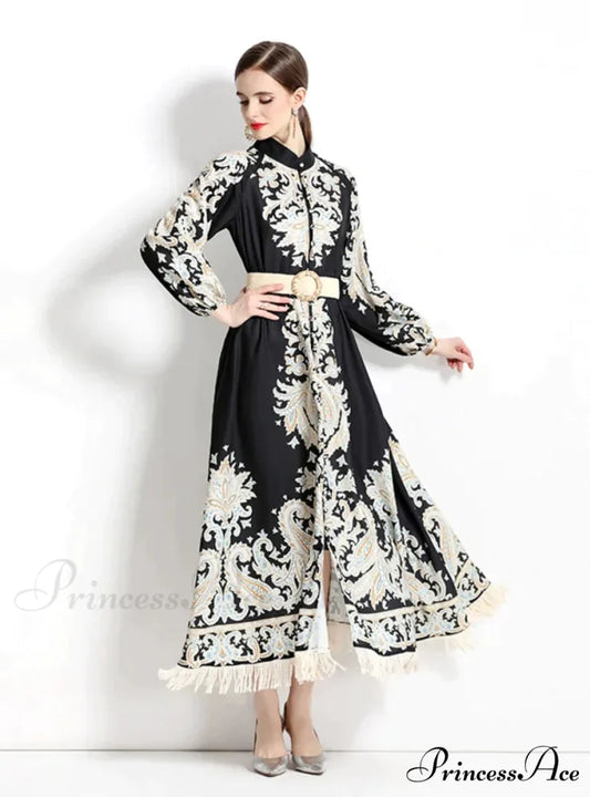 Vintage Printed Fringed Dress with Long Sleeves 2XL / black