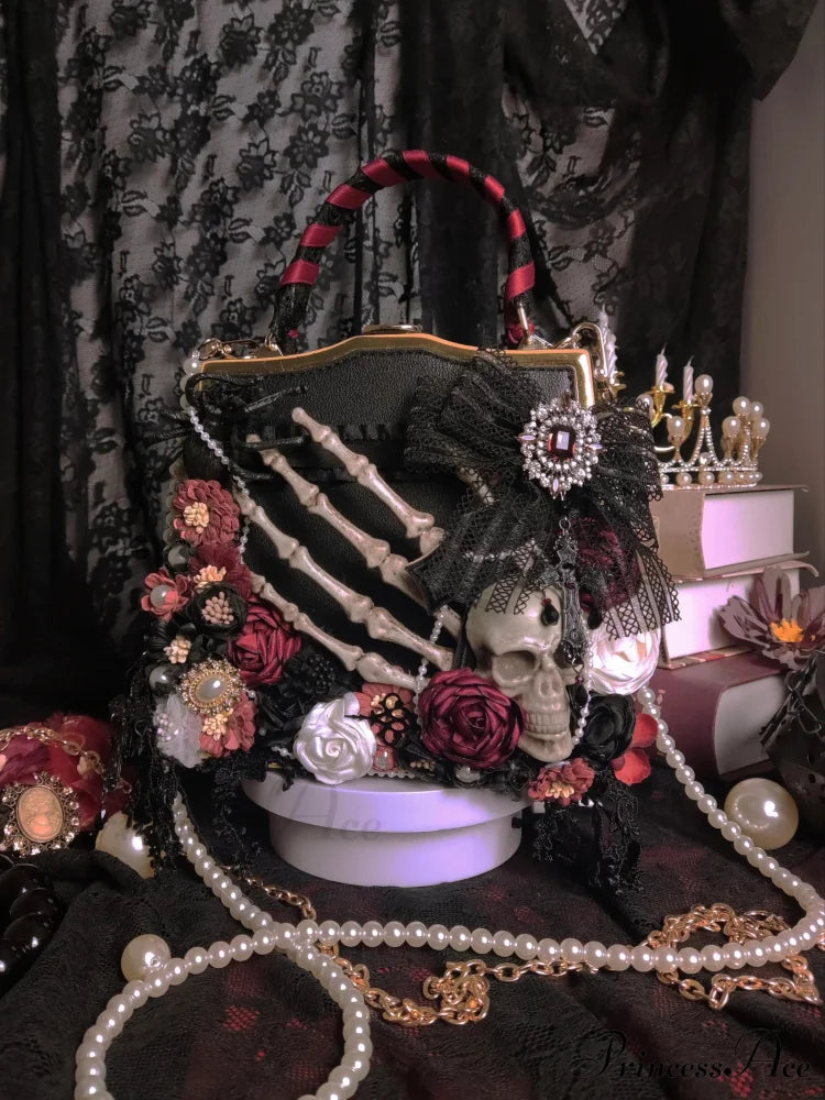 Vintage Punk Black Flower Shoulder Butterfly Skeleton Gothic Crossbody Bag Add Pearl chain / 19x18x7cm