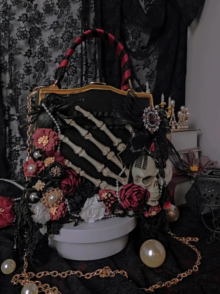 Vintage Punk Black Flower Shoulder Butterfly Skeleton Gothic Crossbody Bag No Pearl chain / 19x18x7cm