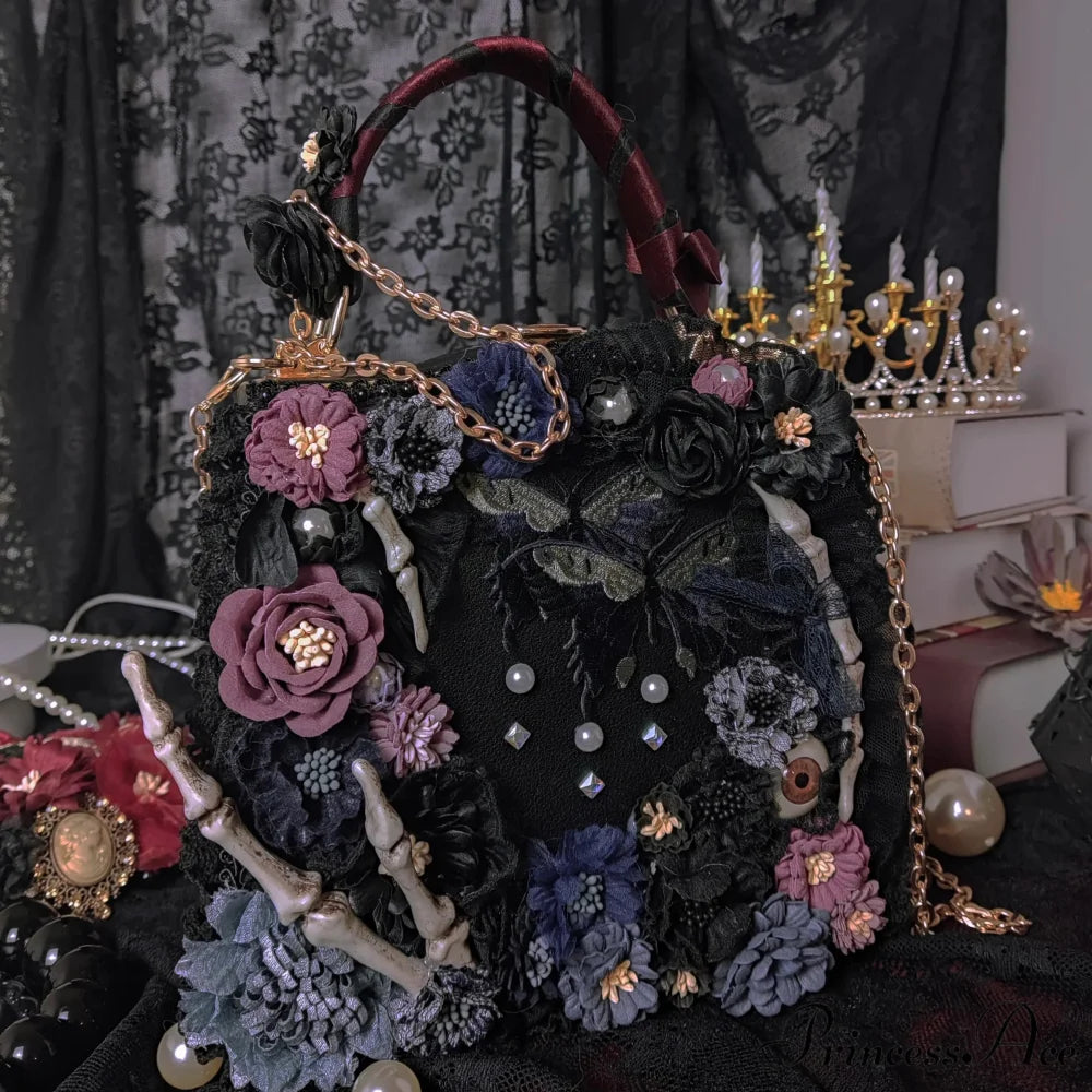 Vintage Punk Black Flower Shoulder Butterfly Skeleton Gothic Crossbody Bag No Pearl chain1 / 19x18x7cm