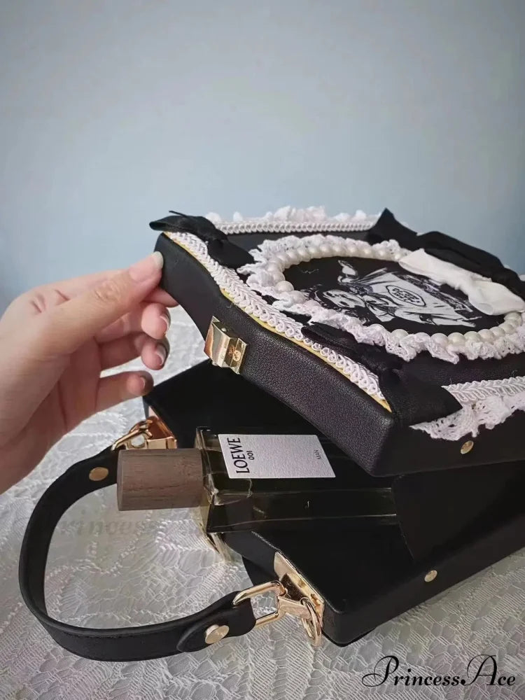 Vintage Punk Black White Doll Satchels Bowtie Imitation Pearl Lace Bag BLACK