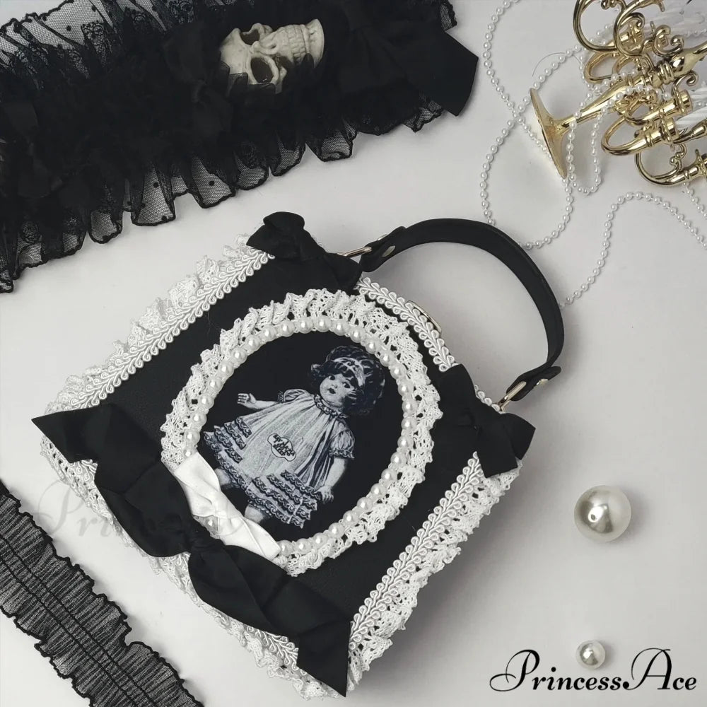 Vintage Punk Black White Doll Satchels Bowtie Imitation Pearl Lace Bag BLACK