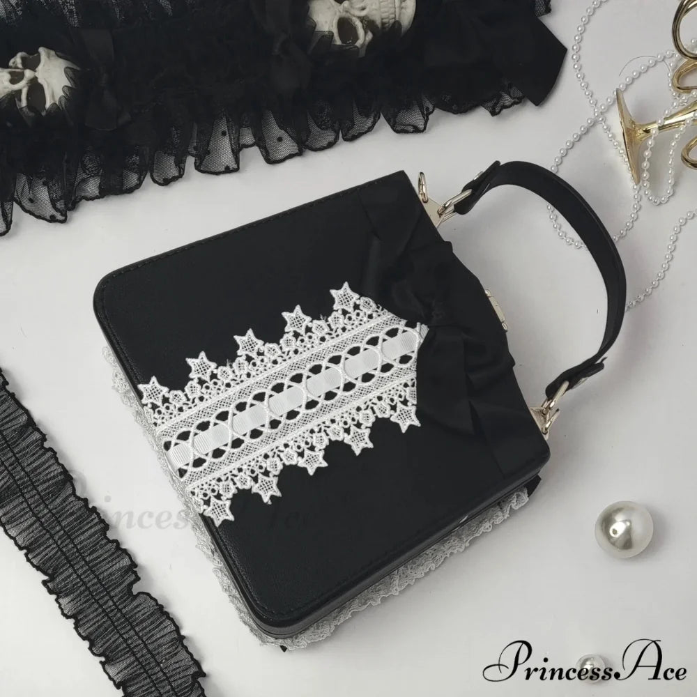 Vintage Punk Black White Doll Satchels Bowtie Imitation Pearl Lace Bag BLACK