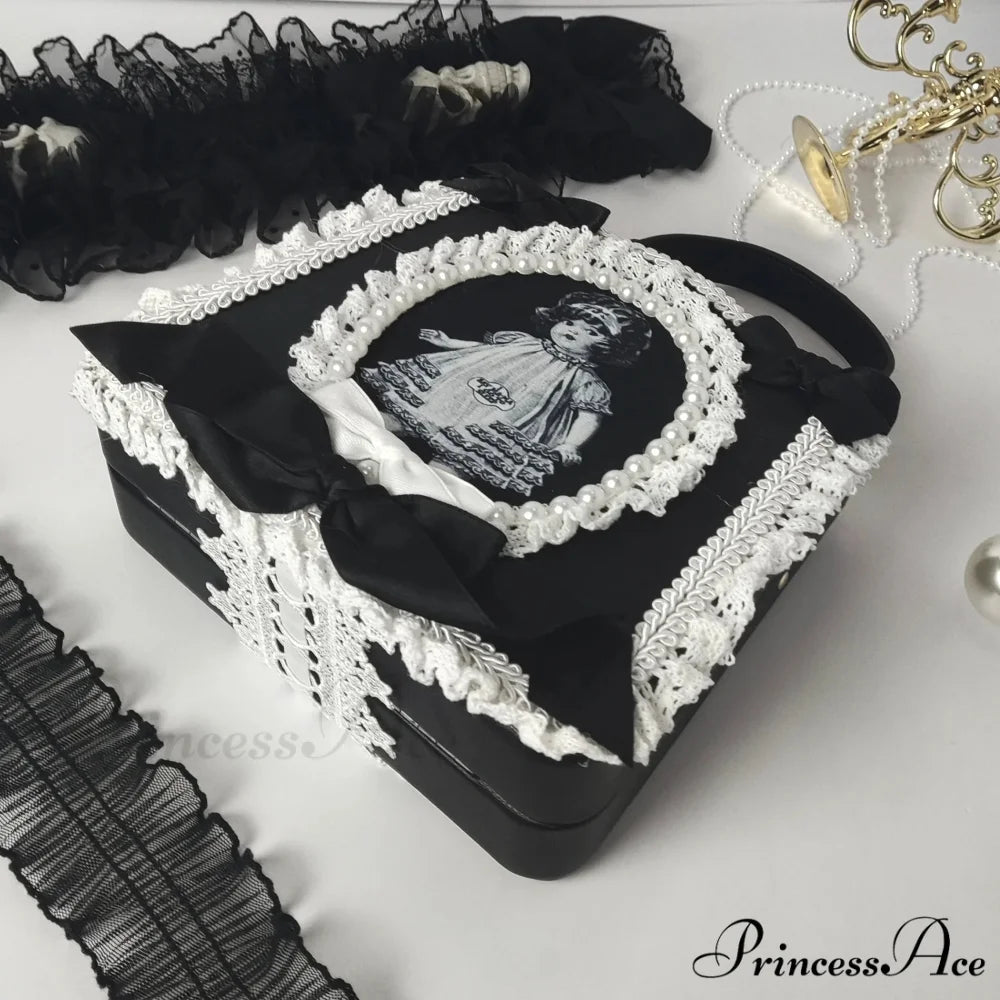 Vintage Punk Black White Doll Satchels Bowtie Imitation Pearl Lace Bag BLACK