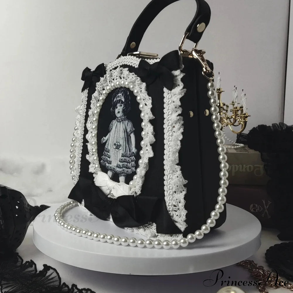 Vintage Punk Black White Doll Satchels Bowtie Imitation Pearl Lace Bag BLACK