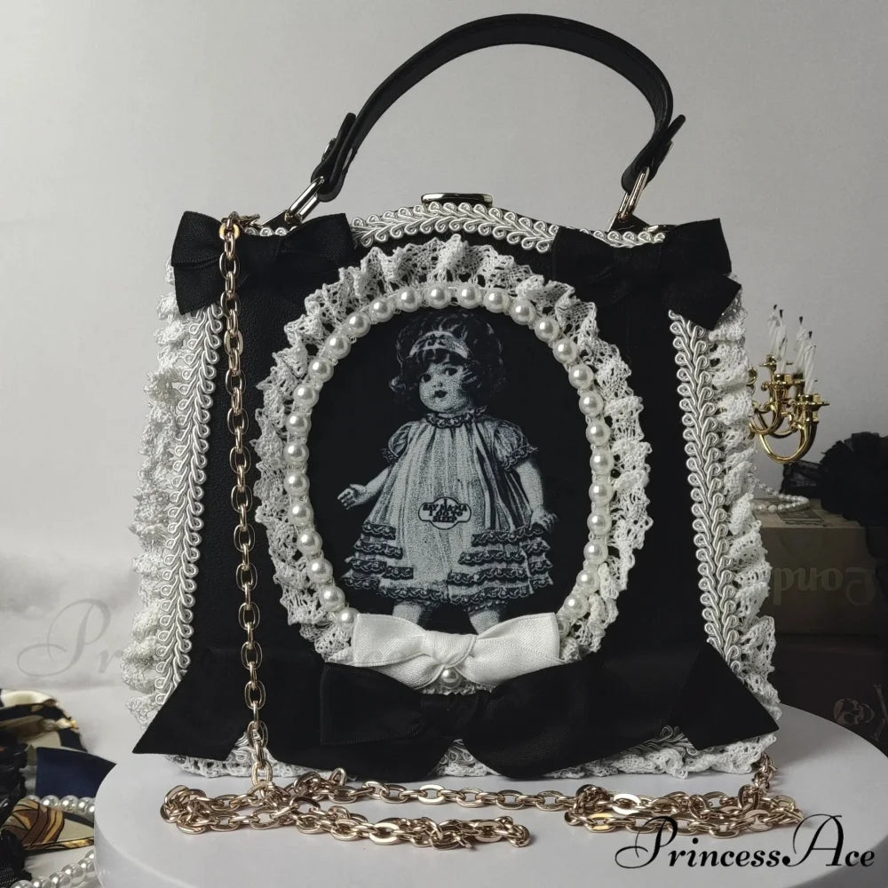 Vintage Punk Black White Doll Satchels Bowtie Imitation Pearl Lace Bag BLACK