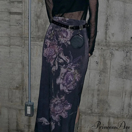 Vintage Purple Floral Print Slit Autumn Skirt PURPLE / S skirt-250126