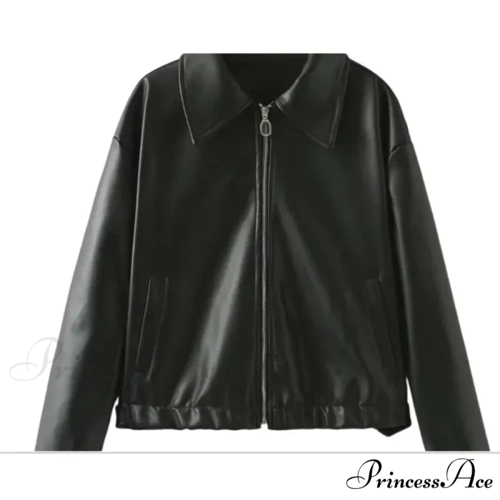 Vintage Red Leather Lapel Coat Black / S