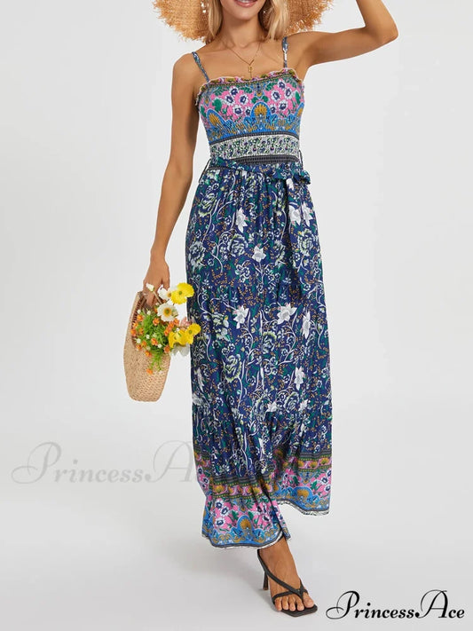 Vintage Retro Flower Swing Spaghetti Straps Cinched Long Flower Dress Blue / S floraldress-250126