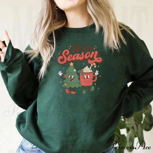 Vintage Retro Tis The Season Santa Cocoa Christmas Hoodie Dark Green / S Christmas Hoodies-L