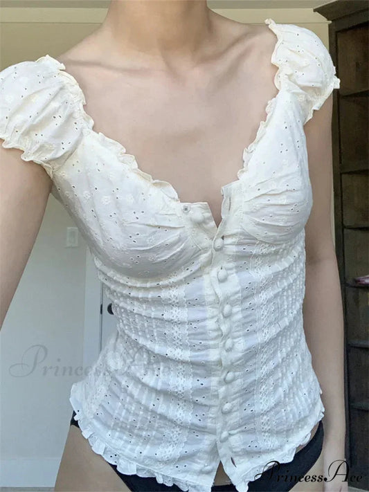 Vintage Square Neck Button Up Short Sleeve Top blouse-250126