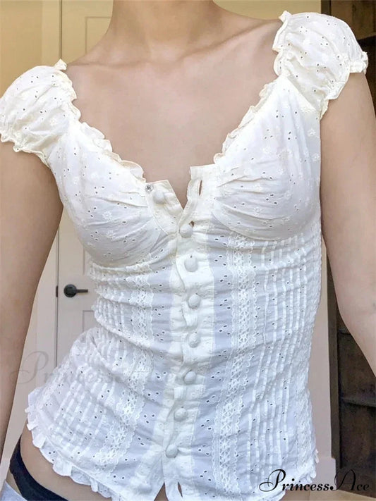 Vintage Square Neck Button Up Short Sleeve Top WHITE / S blouse-250126