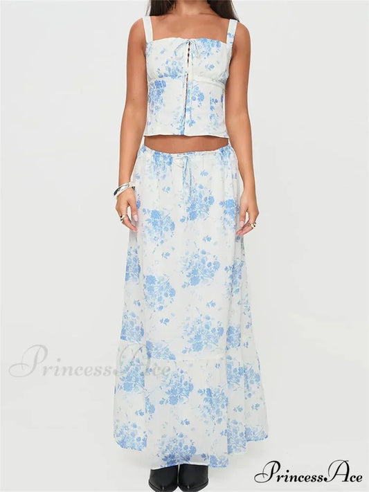 Vintage Square Neck Button Up Tank Top Floral Print Maxi Skirt skirt-250126