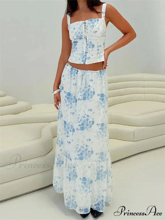 Vintage Square Neck Button Up Tank Top Floral Print Maxi Skirt BLUE / S skirt-250126