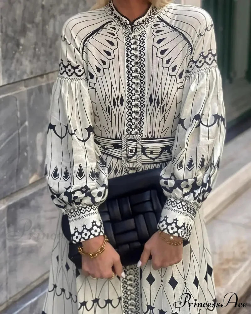 Vintage Stand Collar Cinched Bohemian Dress bohodress-250126