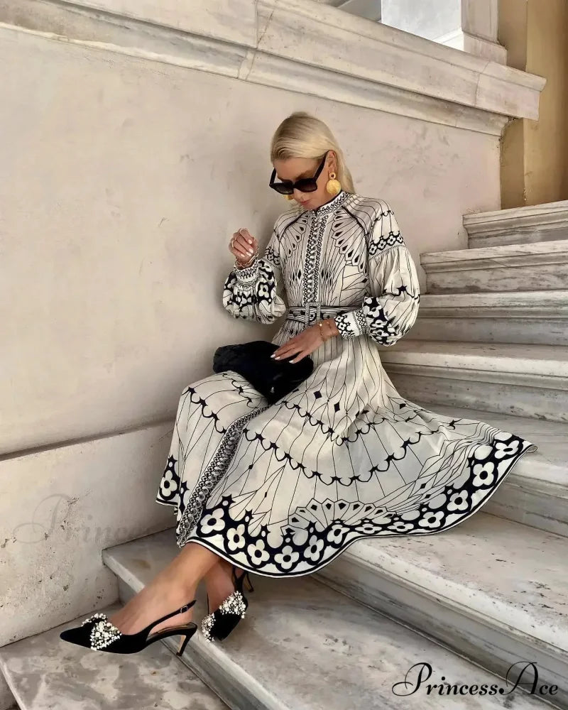 Vintage Stand Collar Cinched Bohemian Dress bohodress-250126