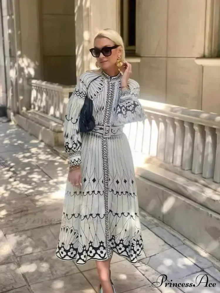 Vintage Stand Collar Cinched Bohemian Dress bohodress-250126