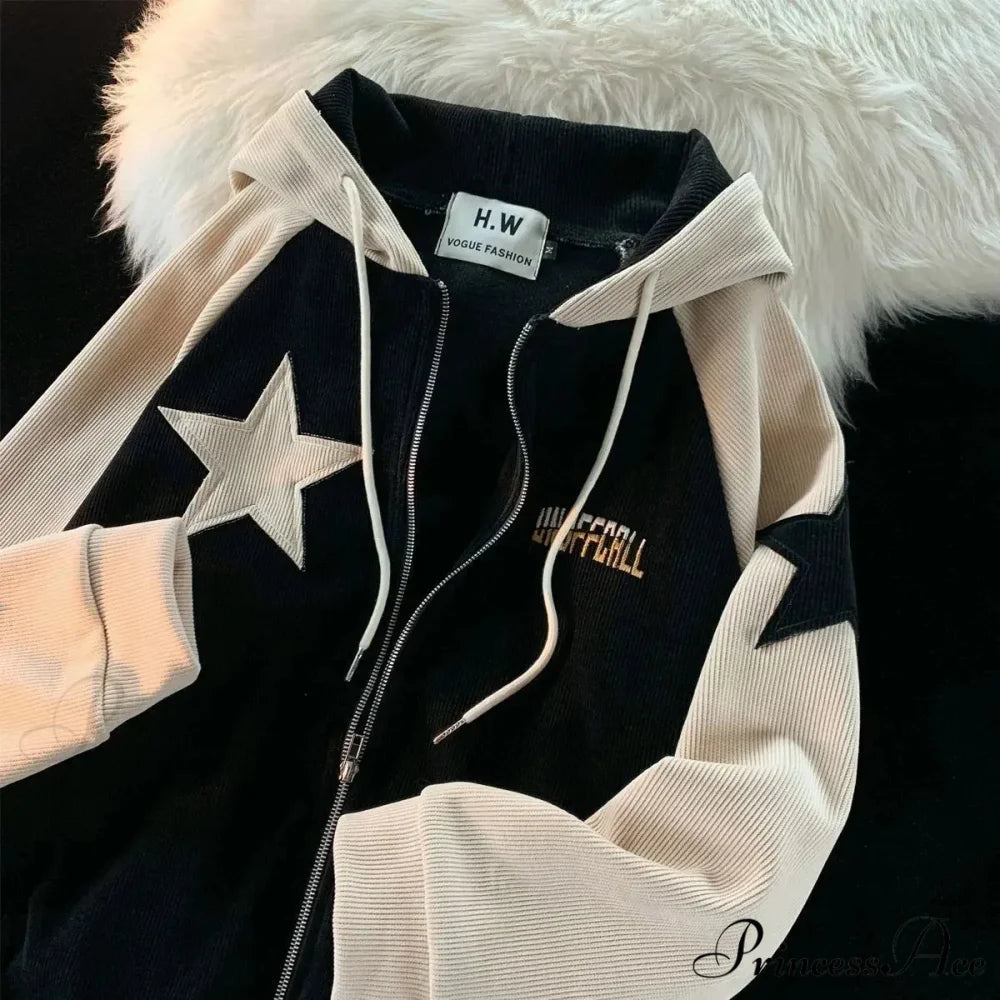 Vintage Star Patch Zipper Hoodie Black / M hoodies-241228