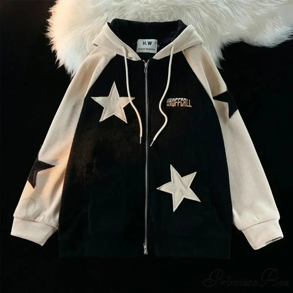 Vintage Star Patch Zipper Hoodie hoodies-241228