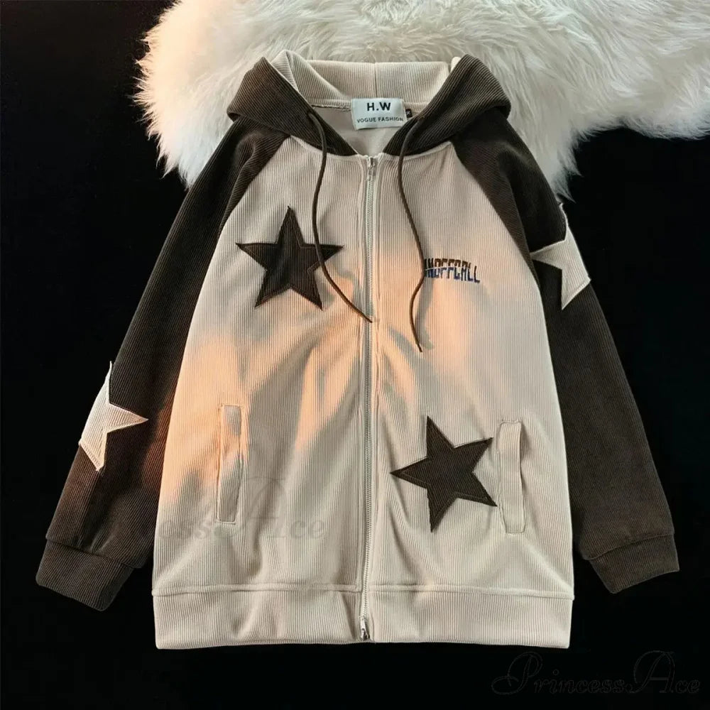 Vintage Star Patch Zipper Hoodie hoodies-241228