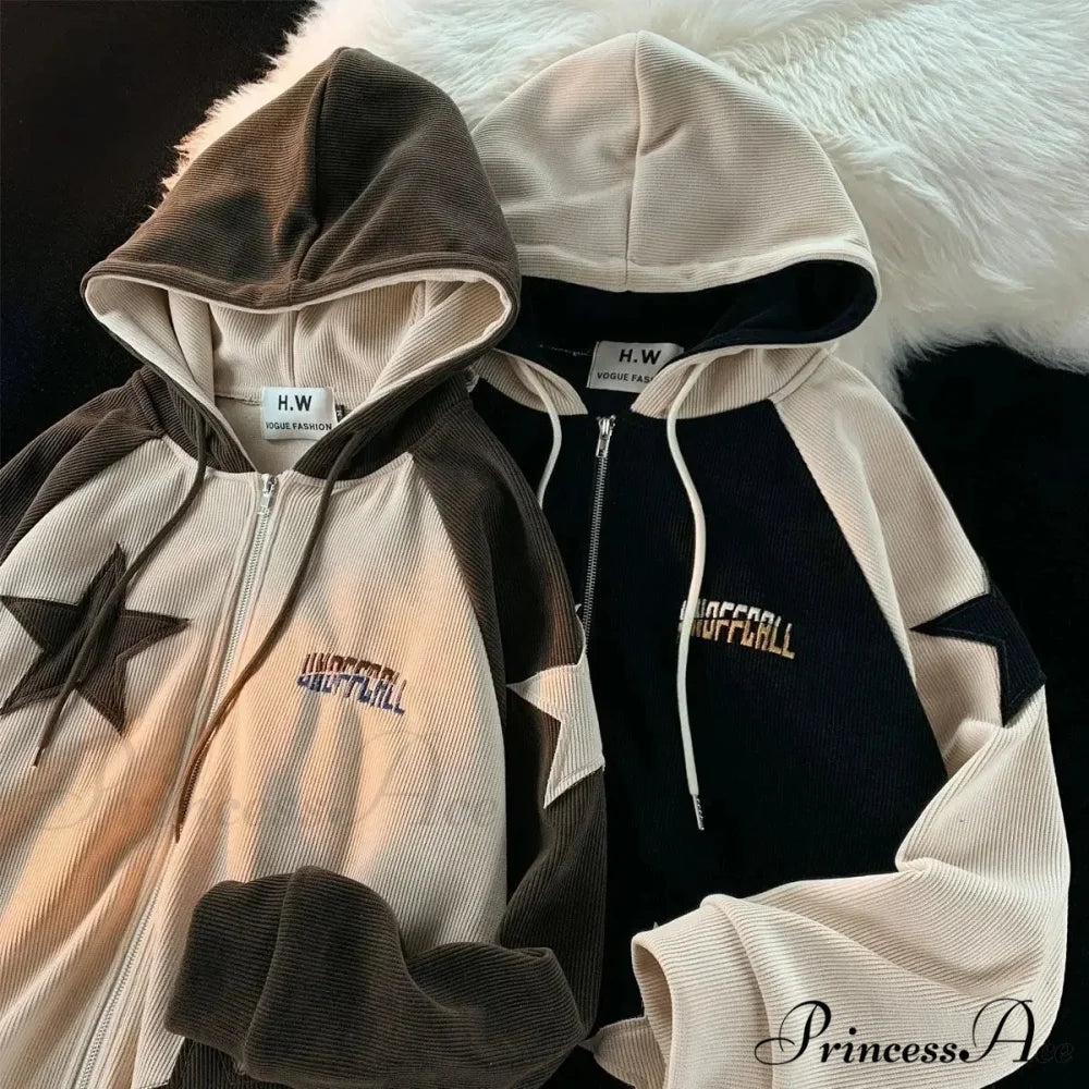 Vintage Star Patch Zipper Hoodie hoodies-241228