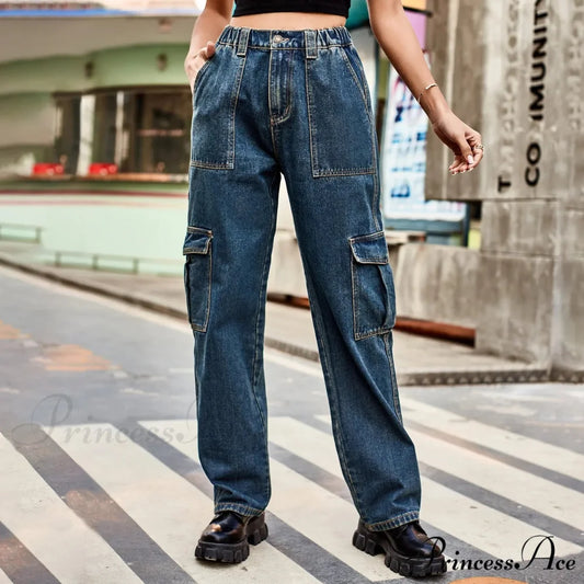 Vintage Streetwear High Waist Women American Fashion Blue Wide Leg Trouser Female Baggy Straight Denim Jean Blue / S