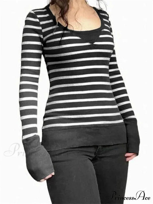 Vintage Striped Print Knitted Long Sleeve Slim Fit T-shirts