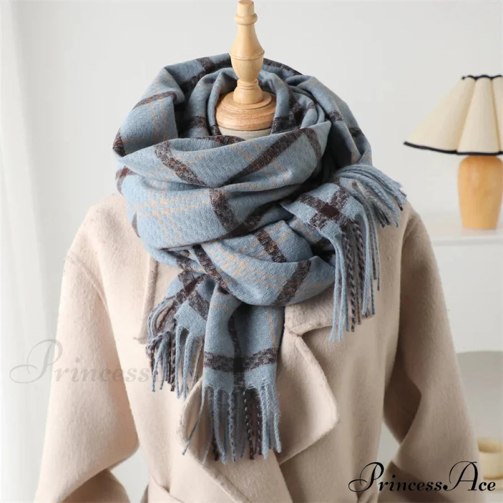 Vintage Style Cashmere Plaid Scarf - Unisex Winter Shawl Wrap BLUE