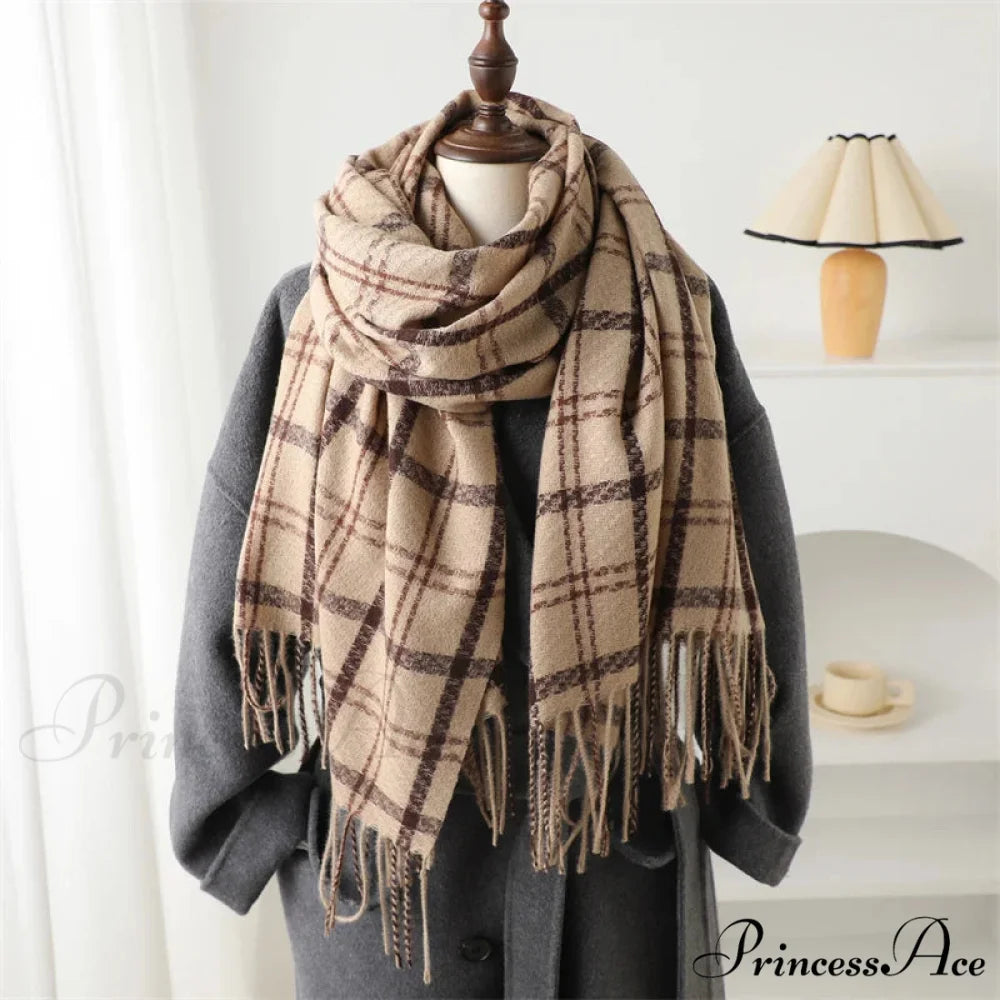 Vintage Style Cashmere Plaid Scarf - Unisex Winter Shawl Wrap KHAKI