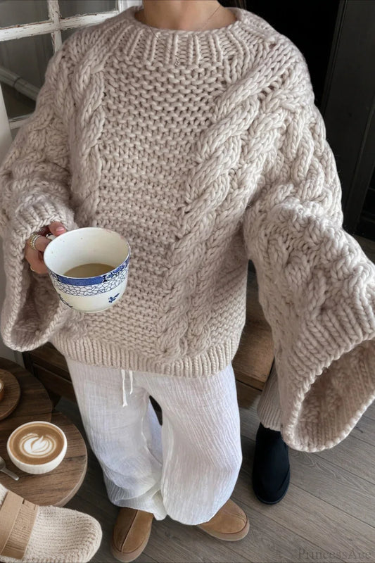 Vintage Stylish Crewneck Bell Sleeve Loose Sweater