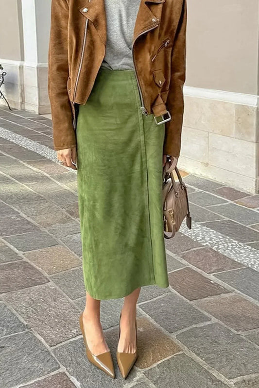 Vintage Suede High Waist Midi Pencil Skirt Green / S