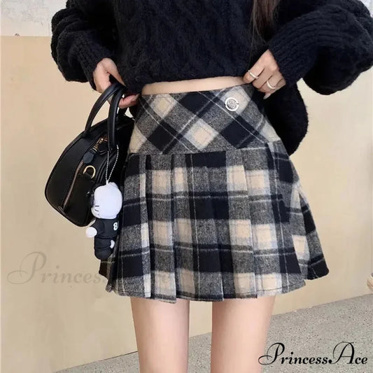 Vintage Sweet Korean Cute Kawaii Stylish Autumn Winter Trendy Mini Skirt Black / S