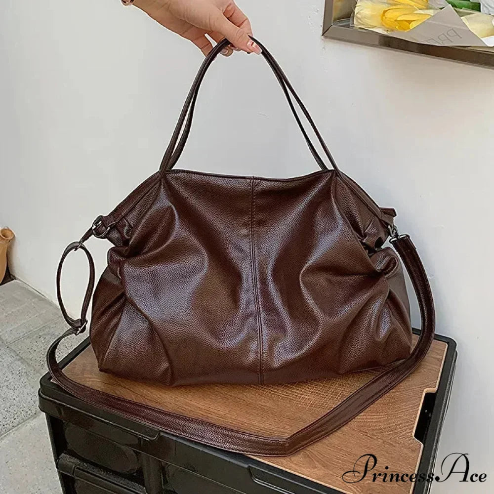 Vintage Synthetic Leather Shoulder Tote Large Capacity Crossbody Purse Coffee / 36cmx20cmx15cm handbag-250126