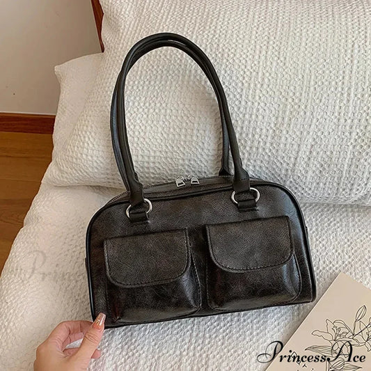Vintage Twin Pockets Petite Shoulder Bag Black shoulder-250126