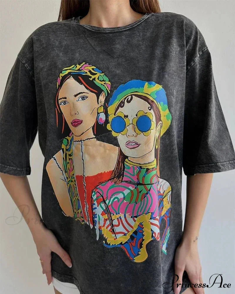 Vintage Washed Pattern High-End Retro T-shirt Black14 / L t-shirt-250223