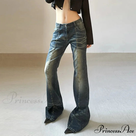 Vintage Woman Low Rise Rivet Stitching Distressed Y2K Flared 90s Streetwear Women Jean