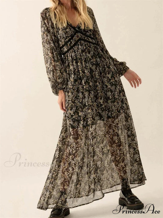 Vintage Women Bohemian Floral Print Summer Sleeve V Neck High Waist Chiffon Flowy Vestidos BLACK / S