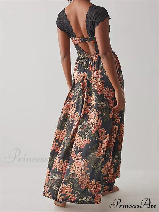 Vintage Women Lace Short Sleeve Casual Floral Print Backless Beach Party Split Summer Vestidos