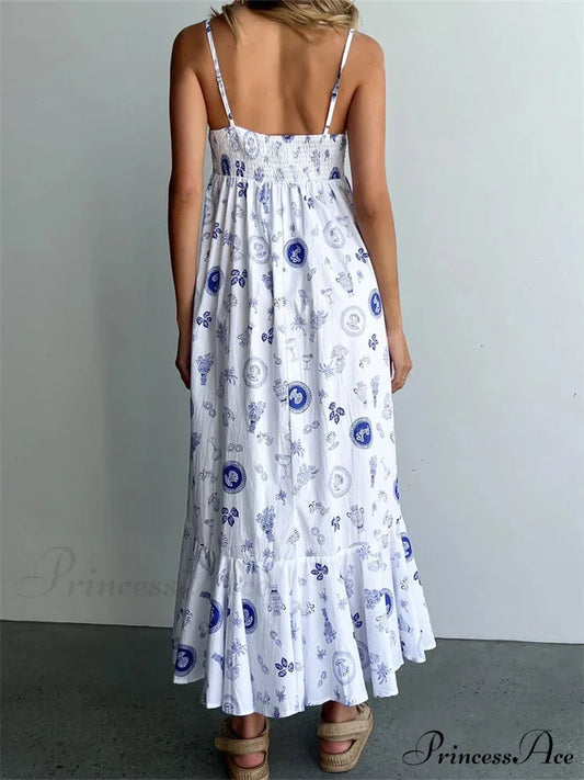 Vintage Women Summer Sleeveless Spaghetti Strap Floral Print Party Loose Casual Square Neck Vestidos