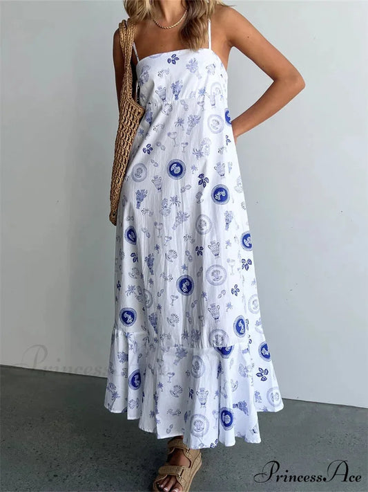 Vintage Women Summer Sleeveless Spaghetti Strap Floral Print Party Loose Casual Square Neck Vestidos WHITE / S