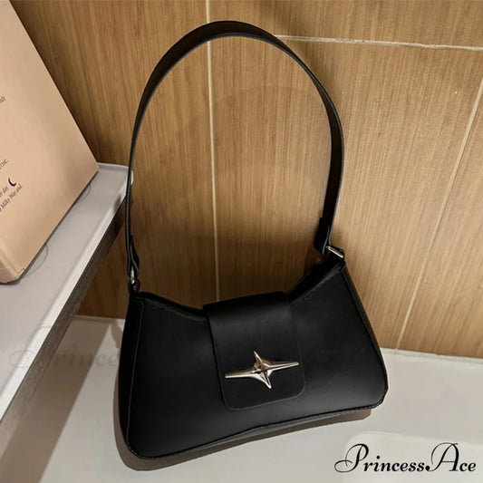 Vintage Y2K Classic Faux Leather Shoulder Bag Black shoulder-250126