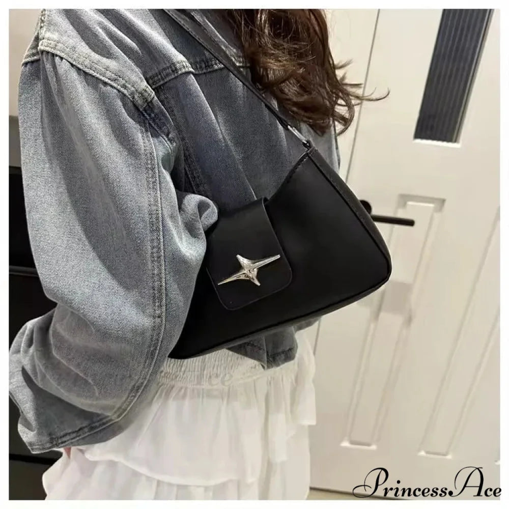 Vintage Y2K Classic Faux Leather Shoulder Bag Black shoulder-250126