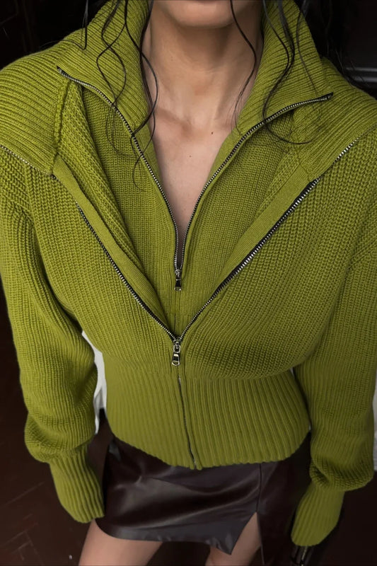 VintageTwo-in-one Solid Wide Lapel Zipper Sweater