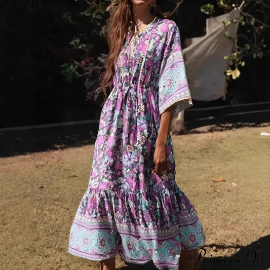Violet Flowery Pattern Batwing Sleeve Long Bohemian Dress Purple / S bohodress-250126