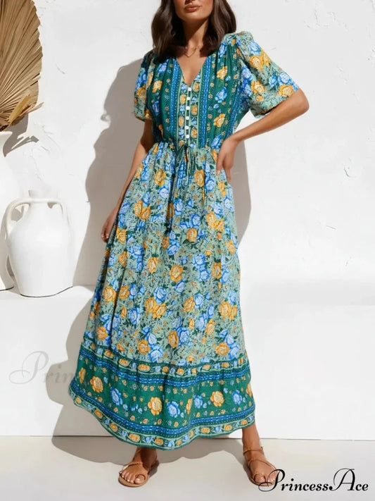 Violet Flowery Pattern Button V-neck Pleated Rayon Holiday Maxi Boho Dress Green / S bohodress-250126