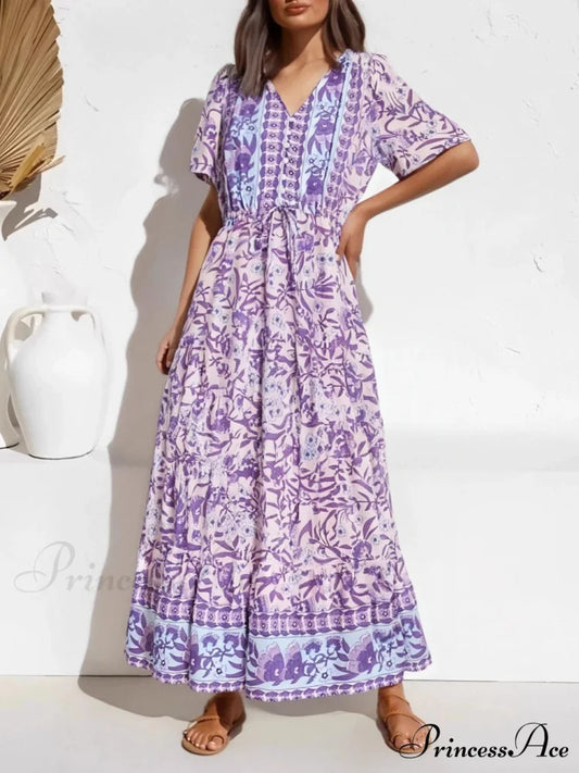 Violet Flowery Pattern Button V-neck Pleated Rayon Maxi Boho Dress PURPLE / S bohodress-250126