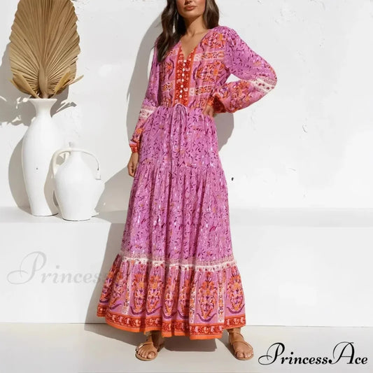 Violet Flowery Pattern Lantern Sleeve V-neck Rayon Maxi Boho Dress Purple / S bohodress-250126