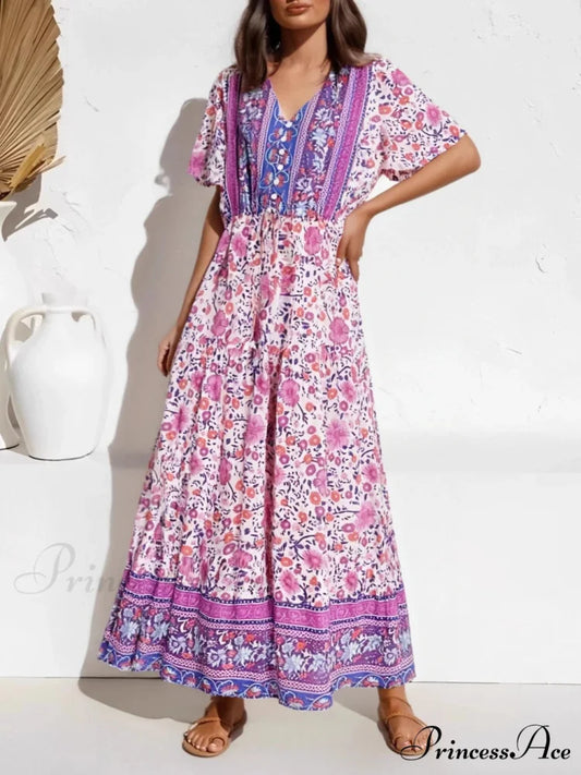 Violet Flowery Patterned Short Sleeve Fringe Frills Rayon Long Boho Dress purple / S bohodress-250126