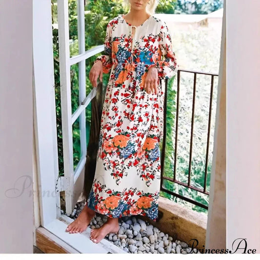 Violet Flowery Tie-up Plunging Neckline Rayon Long Bohemian Dress red / S bohodress-250126